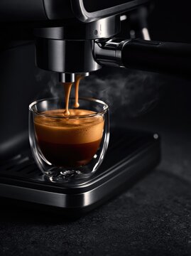 Espresso pouring into a glass cup. Fresh coffee brewing from a modern machine.