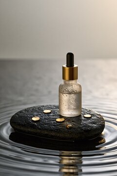 Serum bottle on a stone in water. Cosmetic oil dropper for skincare and beauty treatment.