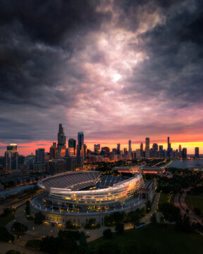 CHICAGO, ILLINOIS &ndash; 07.21.2020: A wide-angle view of the historic architecture of Soldier Field stadium