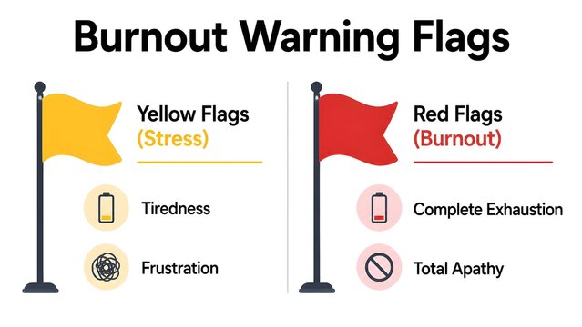 Burnout Warning Flags Infographic, Comparing Yellow Stress Flags to Red Burnout Flags
