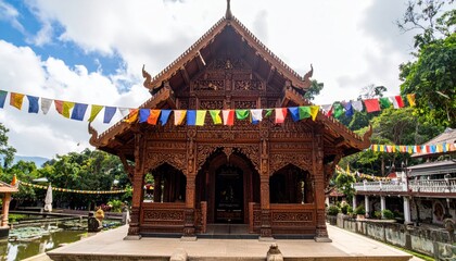 Obraz premium Intricately Carved Wooden Buddhist Temple Facade with Prayer Flags