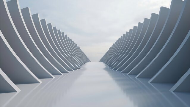 Futuristic white architectural structure with rhythmic geometric blocks. Minimalist 3D rendering for modern business background, structural engineering, technology design