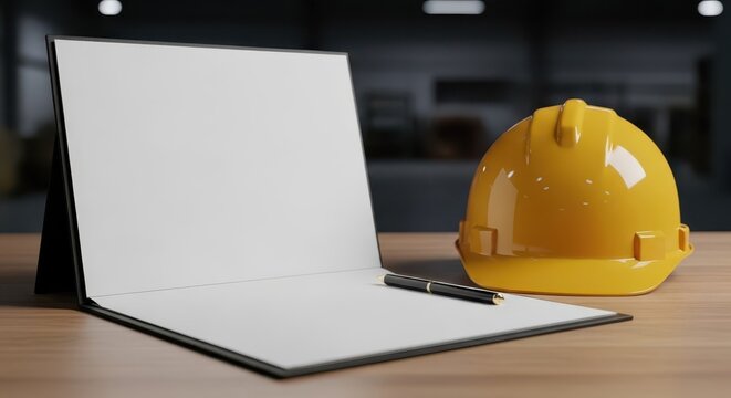 Open Construction Blueprint With Yellow Hard Hat and Pen on a Wooden Table, Representing Project Planning and Safety