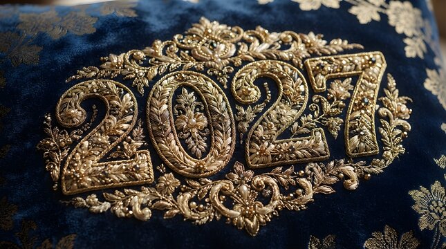 Gold embroidery stitching on dark blue velvet for luxury holiday decor