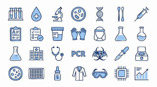 Medical Research and Laboratory Equipment Blue Line Icons Collection