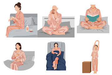 Collection of women in pajamas practicing bedtime and morning routines, self-care, skincare, reading, and stretching at home