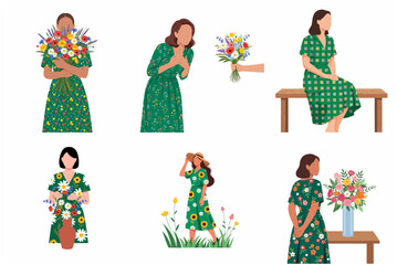 Fototapeta premium Set of Flat Vector Illustrations of Women Wearing Green Floral Dresses and Holding Beautiful Flower Bouquets