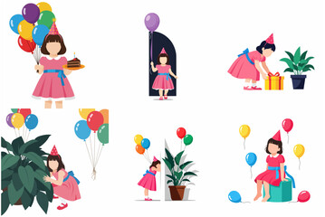 Naklejka premium Cute Little Girl Birthday Celebration Character Set with Balloons, Cake, and Gifts Illustration