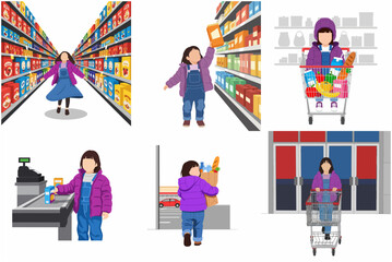 Set of vector illustrations featuring a little girl shopping in a supermarket, choosing groceries, and pushing a cart