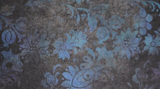 Macro Shot of Moody Turquoise Blue Damask Pattern on Dark Textured Background, Close Up Shot of Dark Blue Vintage Floral Damask Pattern Surface