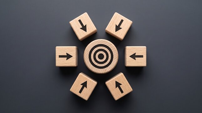 Strategic business target concept with wooden blocks, arrows pointing to center bullseye icon, marketing goal and objective achievement metaphor
