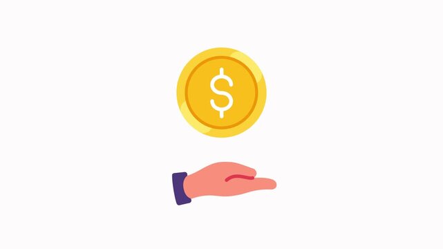 Gold coin falling into a hand. Financial savings concept with flat motion graphics.
