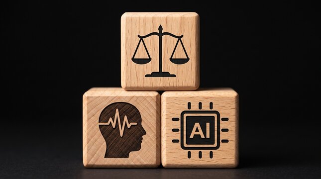 Artificial intelligence ethics and law concept, wooden blocks with AI technology and justice scale icons, digital rights and human brain regulation