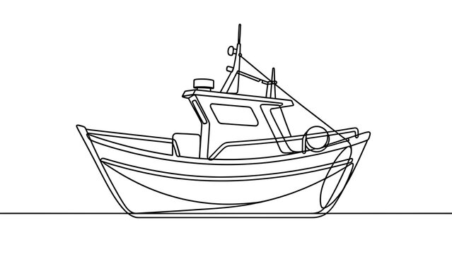 Simple fishing boat line art white background.