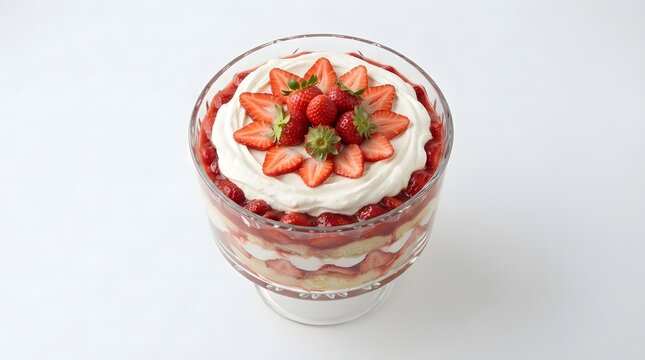 Layered strawberry trifle dessert with whipped cream and fresh berries in a glass bowl
