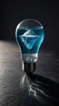 Surreal concept shot of a clear glass light bulb on dark slate filled with turquoise water and a miniature melting glacier iceberg inside. Climate change concept.