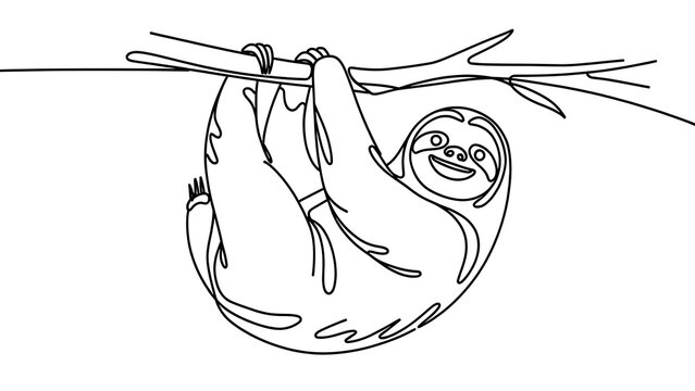 Sloth hanging from branch white background.