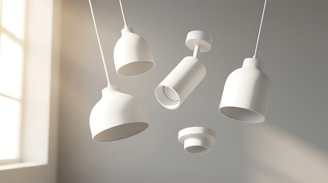 Collection of five modern white pendant lights and ceiling spotlights suspended indoors with soft natural light filtering from a window creating a warm inviting atmosphere 