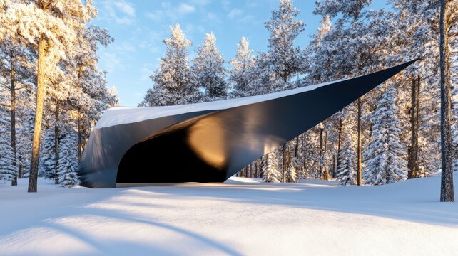Geometric black pavilion nestled in a snowy landscape