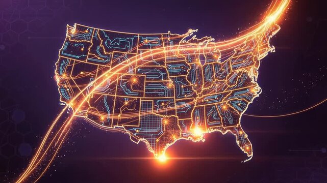 Glowing digital map of United States with bright data connections illustrating technology and communication network