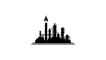 Fototapeta premium Black silhouette illustration of industrial oil refinery with flaring torch on transparent background