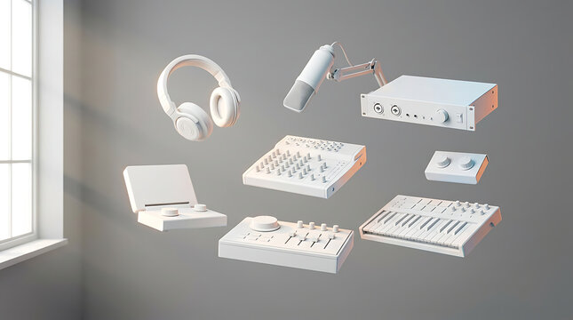 Collection of white audio production equipment and musical instruments floating against a grey wall near a window with natural light
