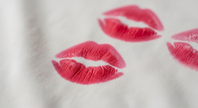 Aesthetic red lipstick kiss trail on a piece of white cloth.