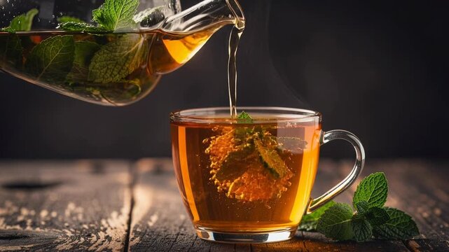 Fresh hot mint tea being poured into a glass cup with aromatic green leaves on rustic wooden table