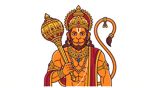 A clean vector art of Lord Hanuman holding a mace, symbolizing Hindu spirituality and divine strength.