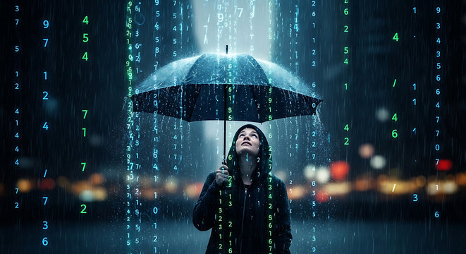 Woman standing under a digital rain umbrella in a futuristic cityscape at night.