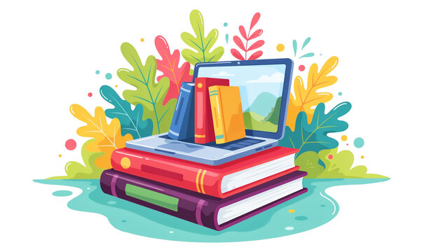 Colorful illustration showing stack of books with laptop displaying open book icons surrounded by autumn leaves