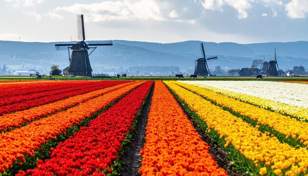 Expansive Fields of Vibrant Tulips in Bloom with Iconic Dutch Windmills in the Background During Spring