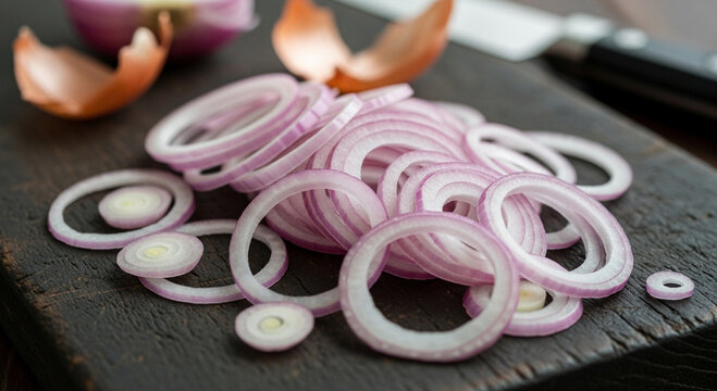 Fresh sliced ​​shallots are arranged on a chopping board.