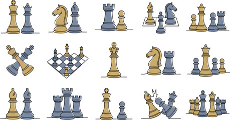 Chess Strategy Vector Icon Collection with Classic Game Pieces and Board Competition Elements © koushar