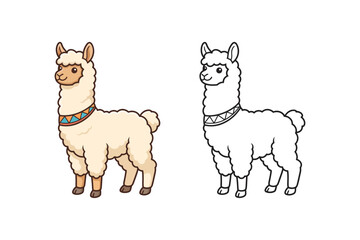 Naklejka premium Cute Cartoon Llama Character Set with Color and Outline Illustration