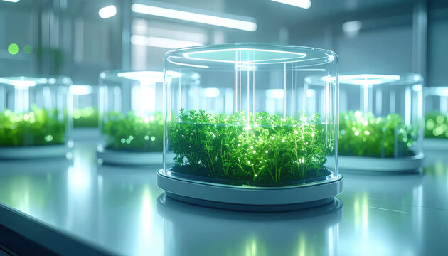 Futuristic indoor farm showcases vibrant plant growth within illuminated cultivation pods