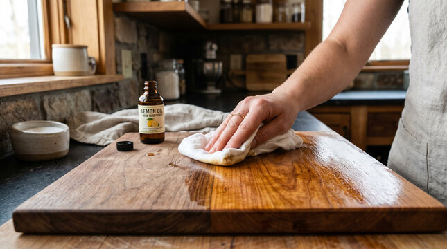 A man polishes a wooden cutting board with a rag in a modern kitchen