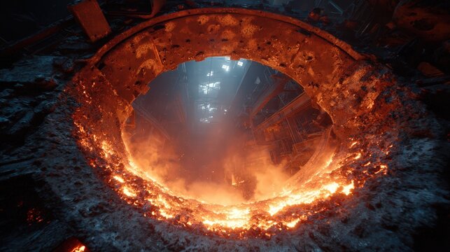 Molten Metal Furnace Interior &ndash; Intense Heat, Industrial Process, Steelmaking and Foundry Operations with Fiery Orange Glow