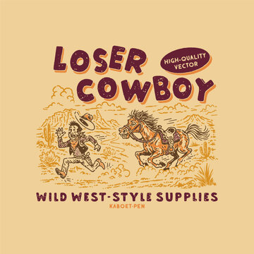 cartoon illustration cowboy graphic horse design desert badge western vintage rodeo
