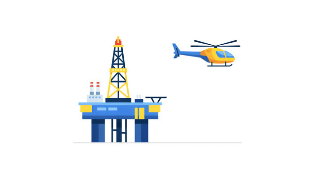 Illustration of offshore oil drilling platform with helicopter flying nearby on transparent background