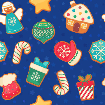 Cute Christmas seamless pattern with holiday cookies. Cartoon Xmas gingerbread bisquits fun repeat design with cute sugar cookie kit.