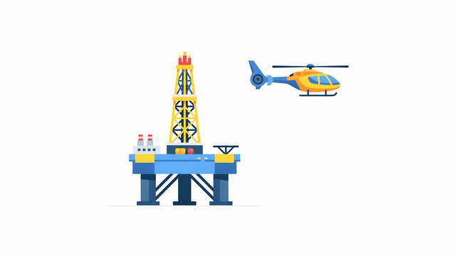 Illustration of offshore oil drilling rig with helicopter flying nearby on transparent background