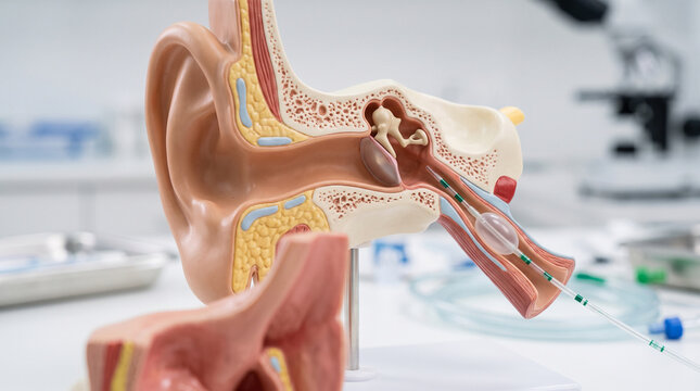 A detailed anatomical model of the human ear is displayed on a table in a medical ad social media download thambnail poster web template event festival 2026 2027 2028