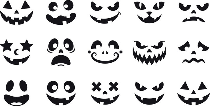 A collection of scary pumpkin faces with happy halloween lettering calligraphy designs perfect for autumn holiday decorations and festive seasonal craft projects