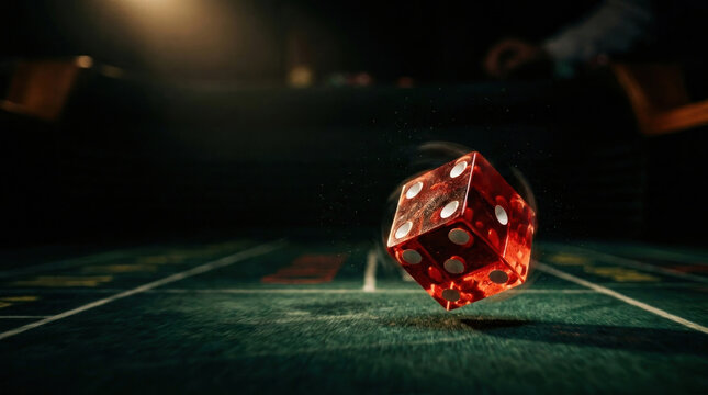 A vibrant red die spins dramatically in mid-air above a green casino felt. The die is illuminated by a focused spotlight, casting dramatic shadows and highlighting its glossy surface.