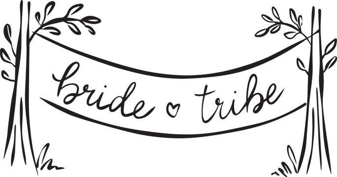 Bride Tribe Wedding Banner with Trees, Hand Drawn Black Line Art