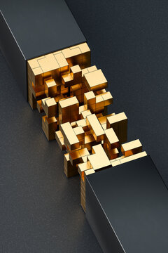 3D Golden Blocks Bridging Futuristic Dark Architecture