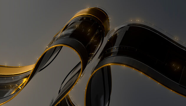 3D Black Gold Ribbons With Glowing Details