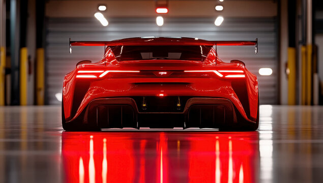 Sleek red sports car with a rear spoiler, parked in a modern garage, reflecting red lights on the polished floor