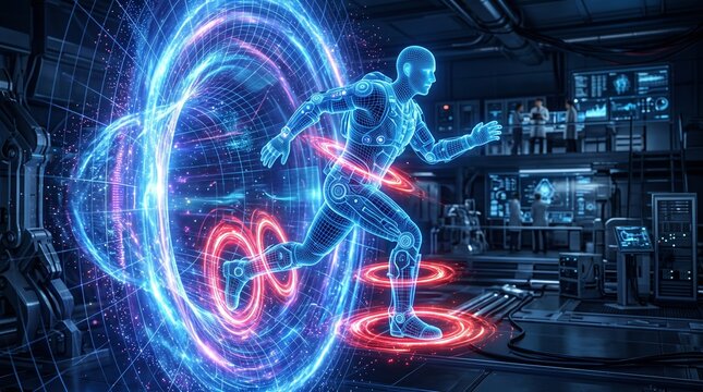 Futuristic human crossing gravitational barrier in neon cyber space. Digital avatar navigating quantum energy waves with holographic data streams.